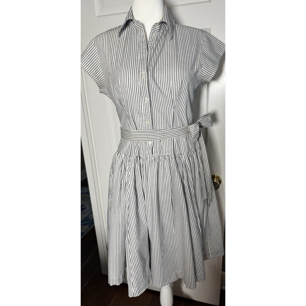 norma kamali Drop Waist Black Ticking Dress Large Cotton Spring Work Must Have